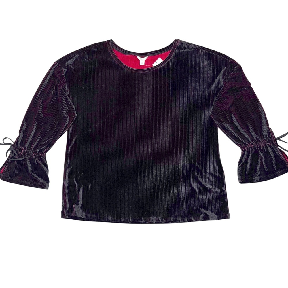 NWT Cato Velvet Blouse Bell Sleeve Tie Cuff Ribbed Top Black‎ Red XL Whimsigoth